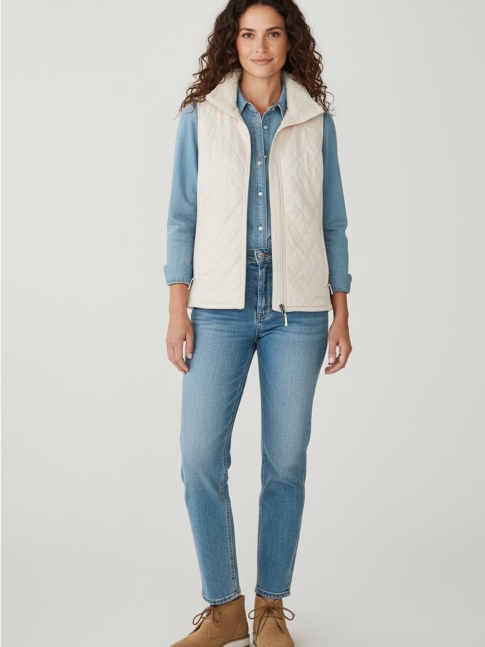 L.L. Bean Women's Cream Quilted PrimaLoft Fleece Lined Vest; SIze Med